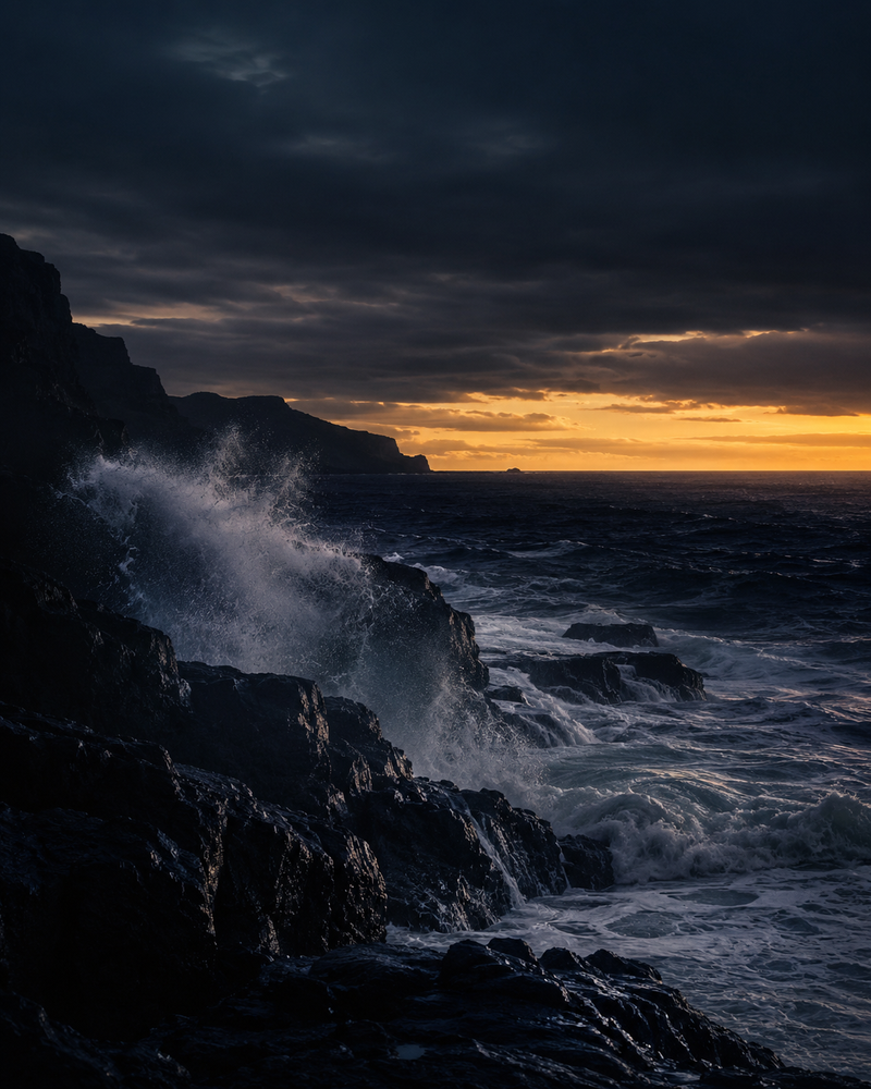 Dramatic rugged coastal shoreline at twilight with powerful ocean waves crashing against dark volcanic basalt rocks