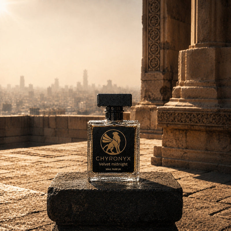 Velvet Midnight bottle against a warm summer cityscape