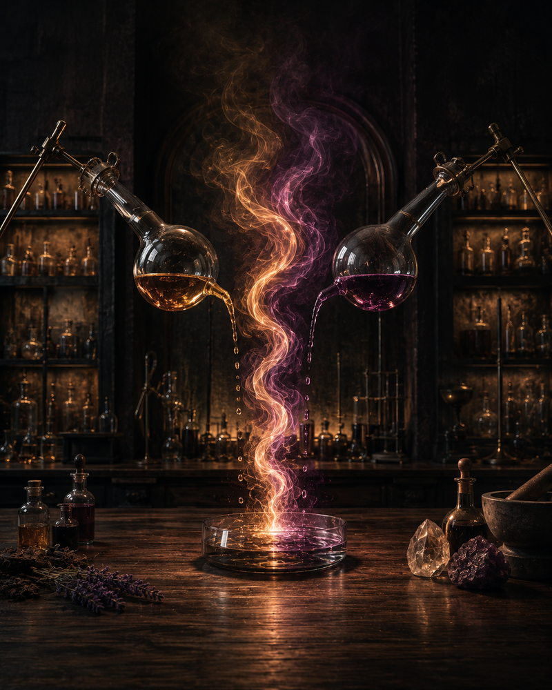 Artisanal alchemy laboratory glass vessels pouring golden and violet fragrance layers