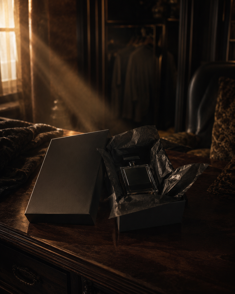 Luxury perfume gift box with dark glass bottle in warm golden morning light