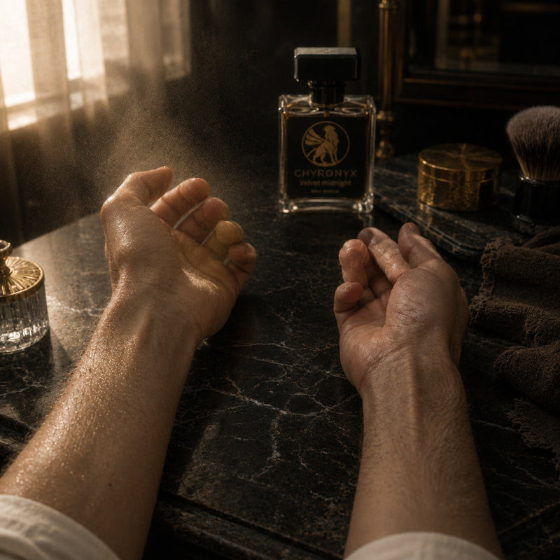 Applying Velvet Midnight perfume on wrists