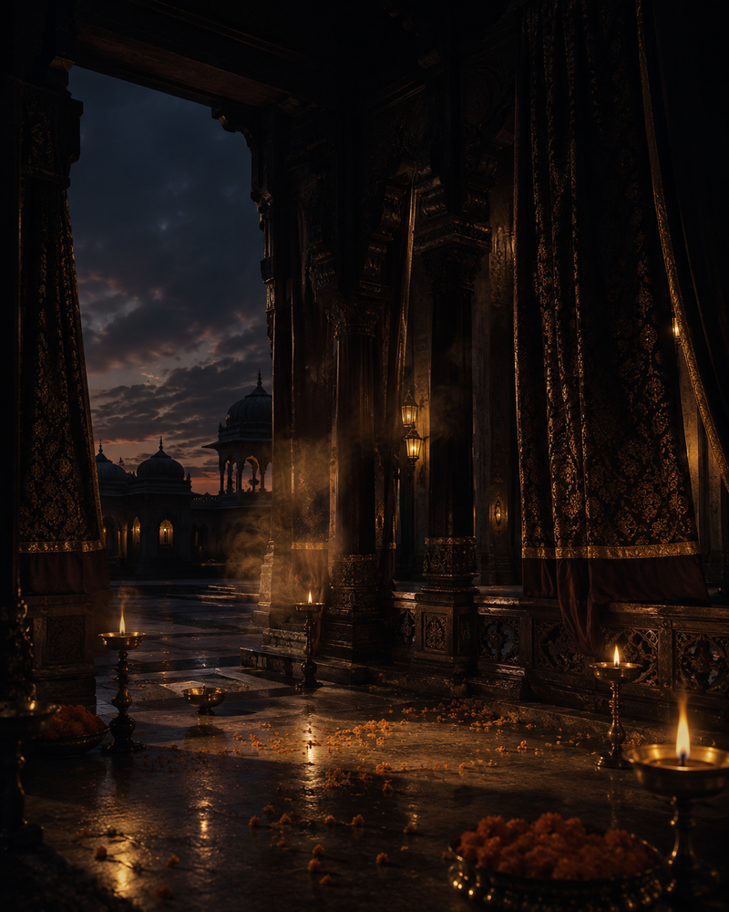 Regal heritage palace mandap courtyard at twilight with marigold petals and warm brass oil lamps