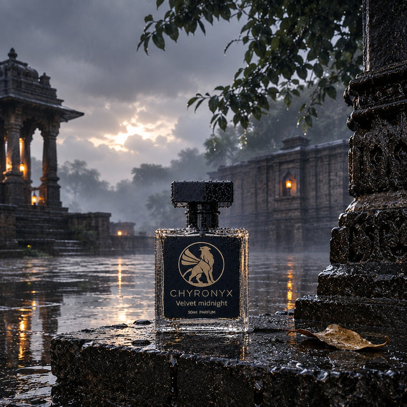 Velvet Midnight bottle in the rain with moody temple background