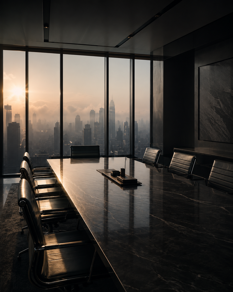 Executive boardroom at dawn overlooking skyscraper skyline for office wear perfume guide