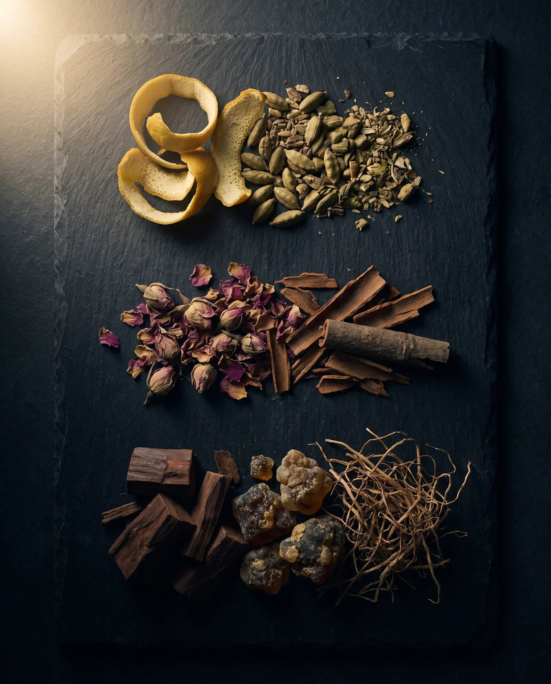 Three-tier fragrance ingredient flat-lay showing citrus top notes, floral heart notes, and woody base notes on dark slate