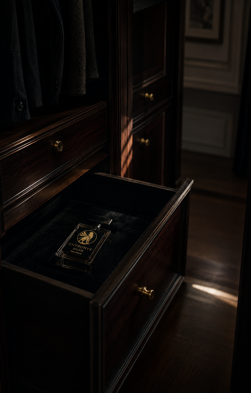 Dark mahogany bespoke fragrance armoire drawer lined with black velvet holding a luxury perfume flacon protected from sunlight