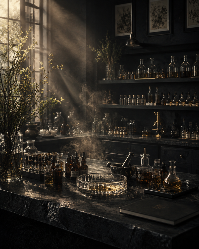 Artisanal botanical chemistry and perfume formulation studio with glass droppers on dark slate bench